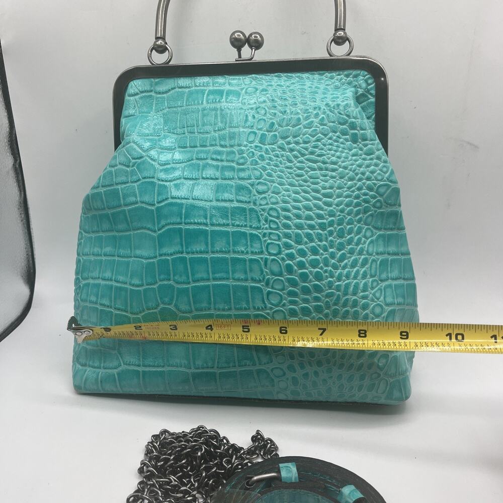 Patricia Nash NOVELlA Frame Bag Aqua Turquoise Croc Leather Kiss Lock Satchel - Picture 3 of 14